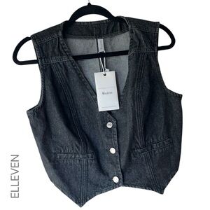 NWT | ELLEVEN BLACK DENIM VEST V-NECK BUTTON FRONT FAUX WELT POCKETS | SMALL